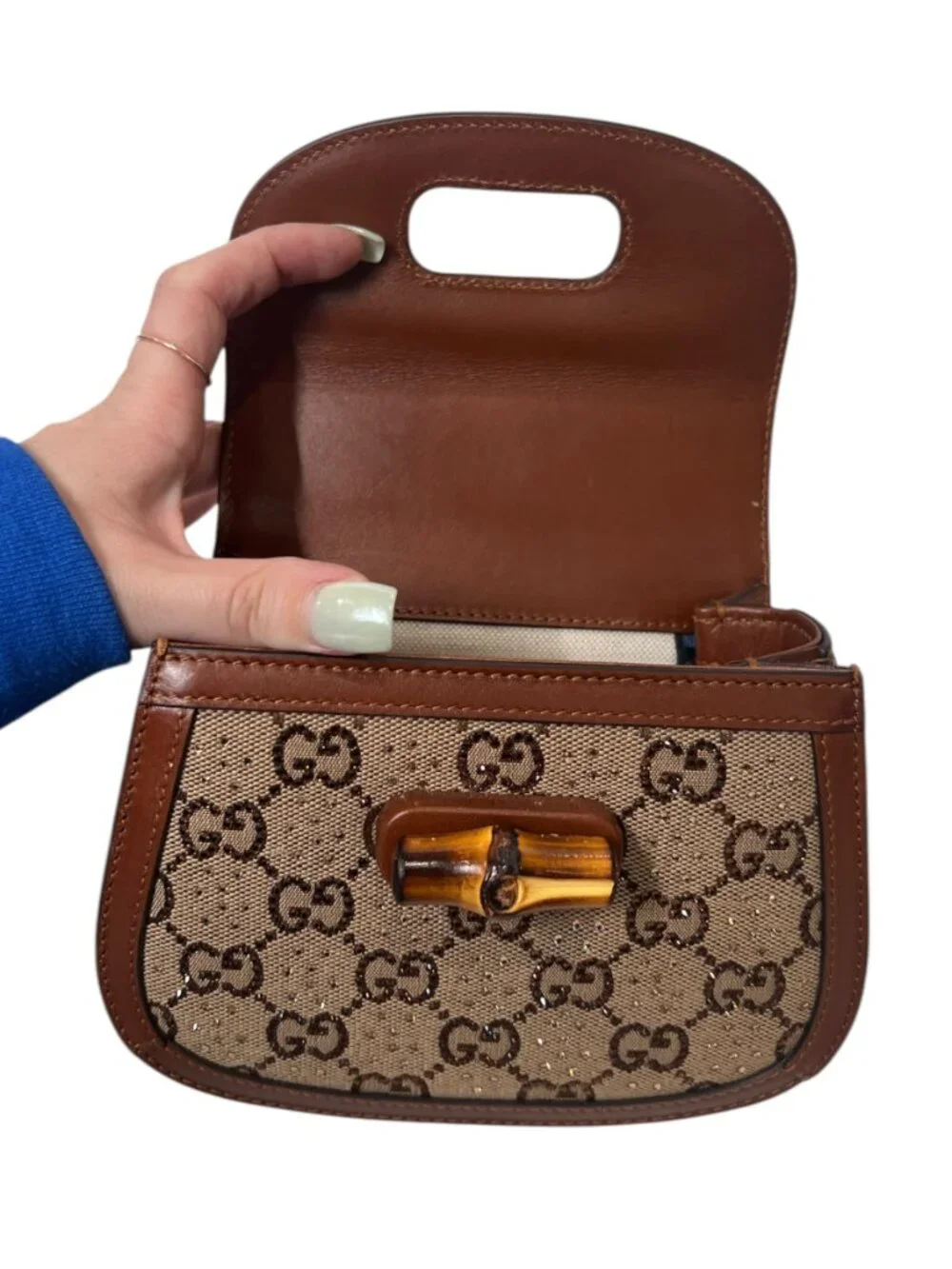 $4495 Gucci 1947 Brown Mini Crystal Studded Bamboo Handle Chain Crossbody - Picture 6 of 10